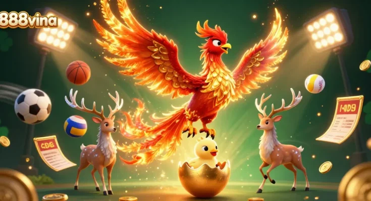 Engage with 888vina's thrilling casino experience featuring a vibrant fire phoenix and dynamic sports elements.