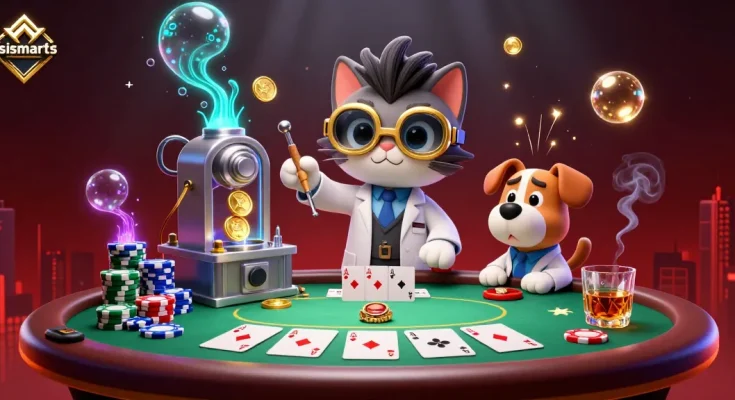 csismarts showcases a cartoon mad scientist cat at a lively poker table in a vividly animated casino scene.