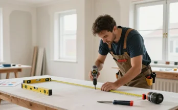 Innenausbau und Trockenbau Augsburg - Handwerker bei der Arbeit in einem hellen, einladenden Innenausbau-Workshop.