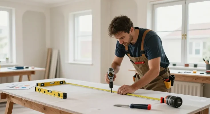 Innenausbau und Trockenbau Augsburg - Handwerker bei der Arbeit in einem hellen, einladenden Innenausbau-Workshop.