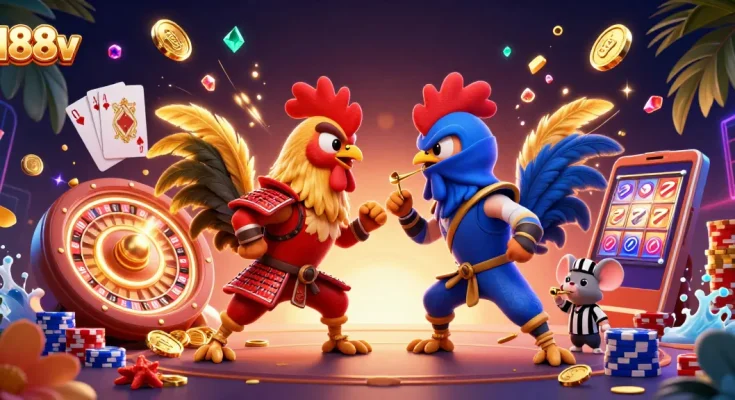 Engage with 188v in a thrilling rooster battle surrounded by casino elements.
