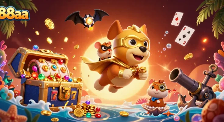 88aa shows a superhero dog and hamster celebrating casino wins with dynamic gaming elements.