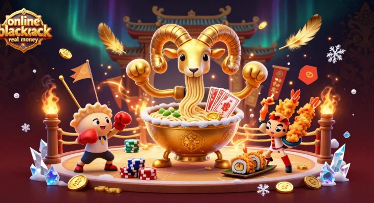 Experience the thrill of online blackjack real money with dynamic characters in a vivid casino scene.