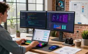 Developer analyzing code on https://sc88.chat/ at modern workspace with dual monitors and natural light.