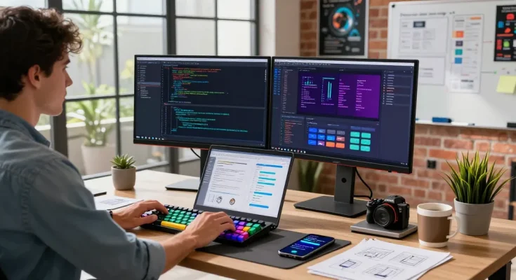 Developer analyzing code on https://sc88.chat/ at modern workspace with dual monitors and natural light.