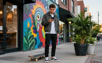 Männliche Instagram Follower kaufen durch trendige, urbane Streetstyle-Atmosphäre, junger Mann mit Smartphone und Skateboard.
