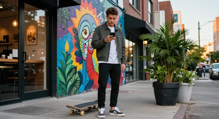 Männliche Instagram Follower kaufen durch trendige, urbane Streetstyle-Atmosphäre, junger Mann mit Smartphone und Skateboard.